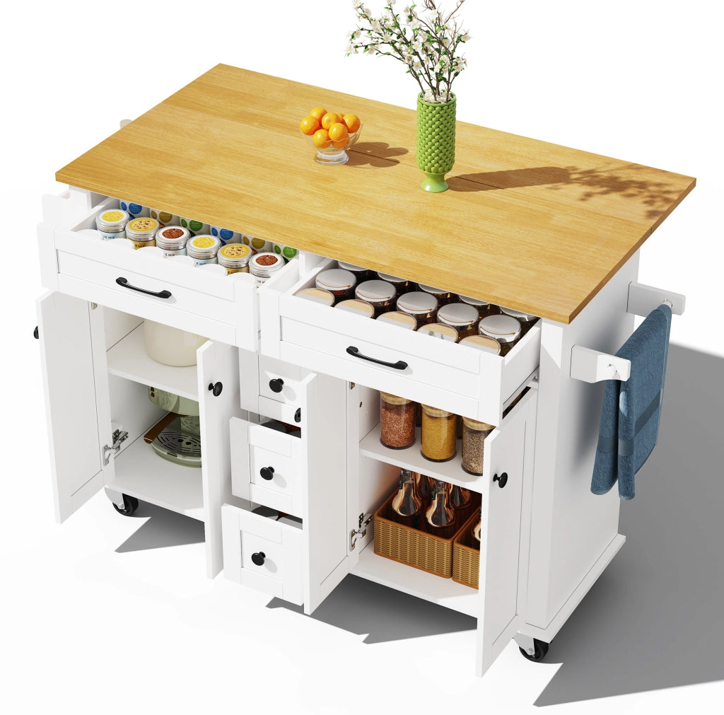 Carrello cucina 140x40(65)x89 cm con piano estraibile e 5 ruote in MDF bianco e naturale