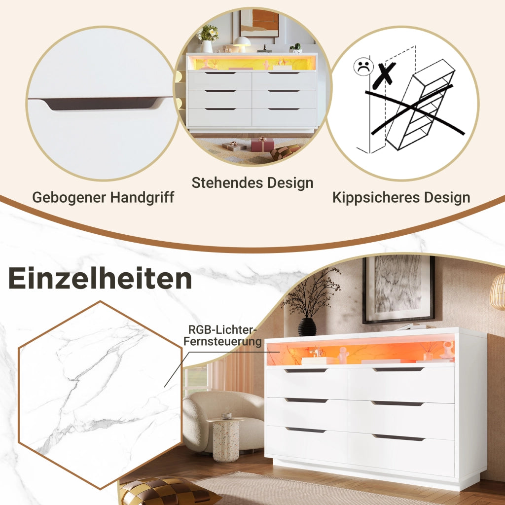 Credenza con 6 Cassetti e LED; Vano Aperto Effetto Marmo; Stile Moderno; in Pannello Truciolare e Metallo; 120??40??85 cm; Bianco