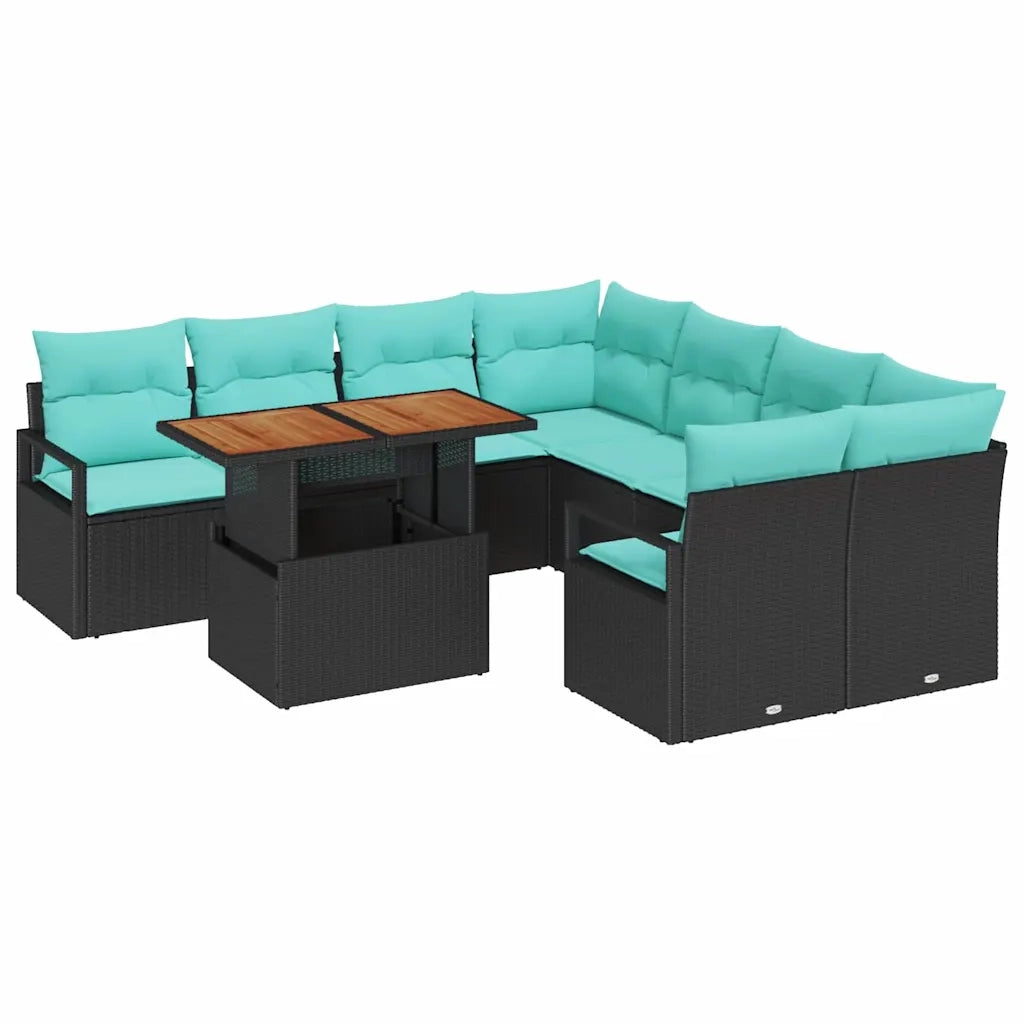 Set da Pranzo per Giardino con cuscino 9 pcs Nero e Verde acqua