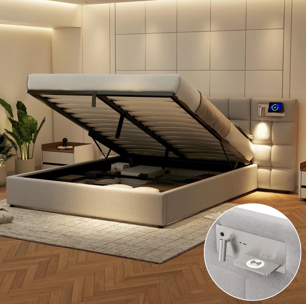 Letto matrimoniale imbottito 180x200 cm con sollevamento idraulico; USB; ricarica wireless e luce; grigio