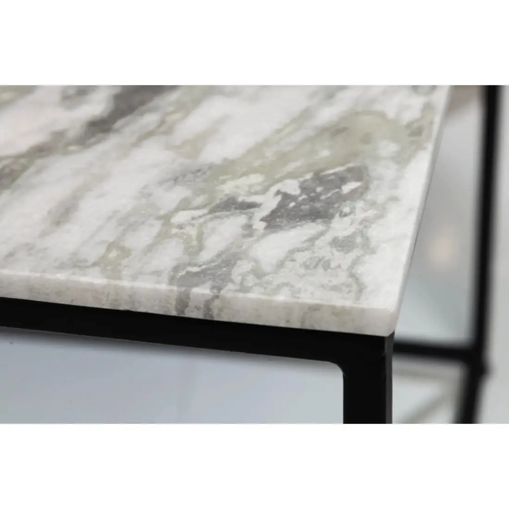 Tavolino basso VORTEX 50 cm in marmo bianco lucido con struttura in metallo nero
