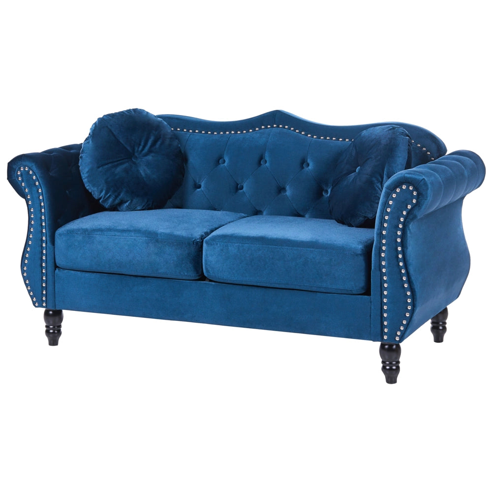 Set da soggiorno Velluto blu 2 posti 3 posti Bottoni con rifiniture a punta trapuntata Cuscini Braccia arrotolate Glam