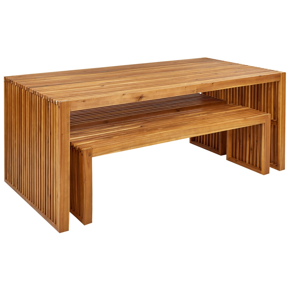 Set da pranzo da giardino 3 pezzi Tavolo rettangolare in legno massiccio di acacia 2 panche Design rustico per interni esterni