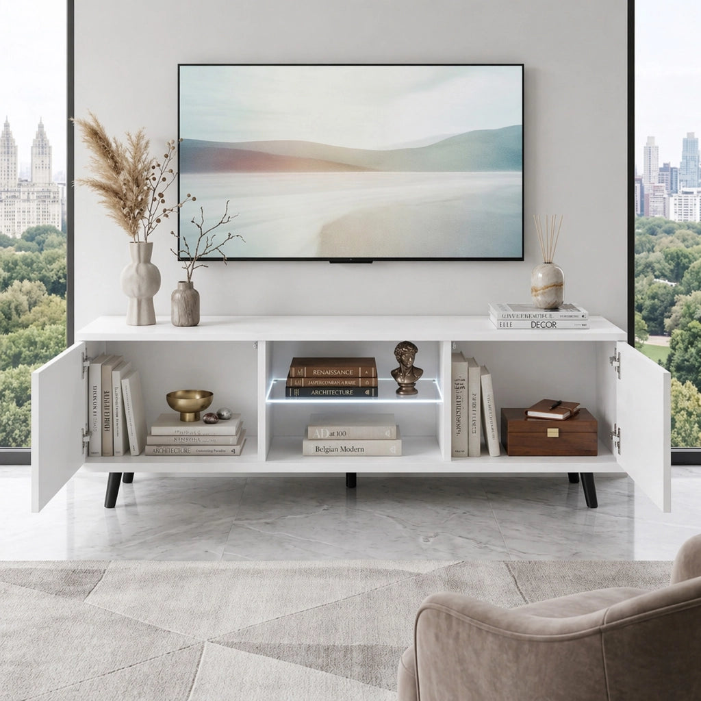 Mobile TV Con Due Ante Battenti Porta Televisore In Melaminico Vano Centrale Con Ripiano In Vetro E LED Piedini In Metallo Per Soggiorno Salotto Zona Living 140 X 31.5 X 40 Cm Bianco