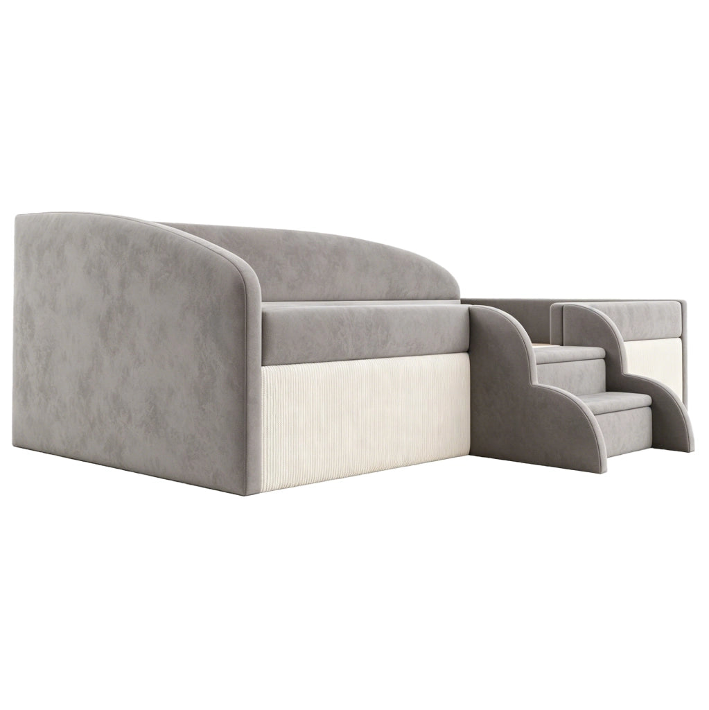 Letto per bambini 90x190 cm imbottito in velluto con sponde e scalini; grigio