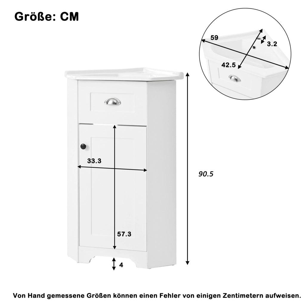 Mobile bagno freestanding con lavabo in ceramica; MDF bianco e maniglie in metallo