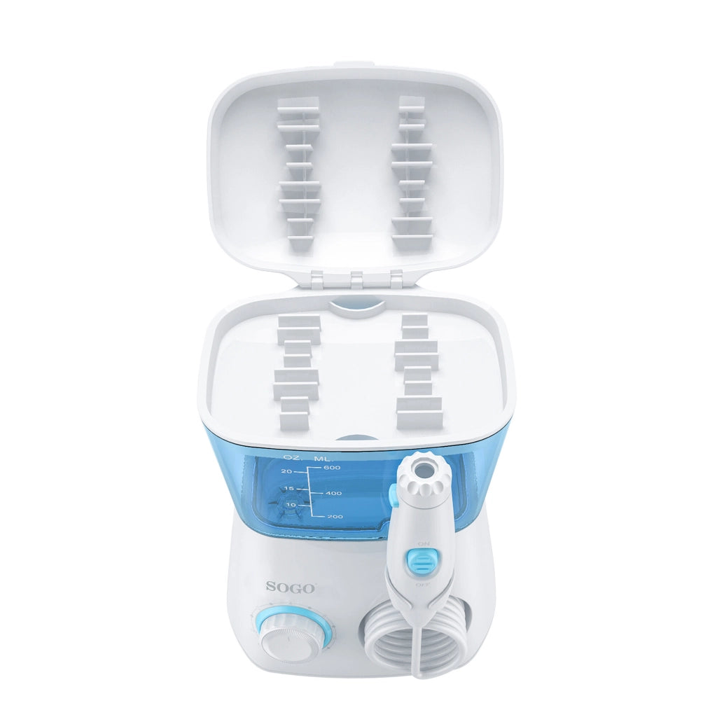 Idropulsore dentale 600ml con 10 livelli pressione e 7 accessori, irrigatore orale 360° IPX4 per pulizia denti e gengive - Sogo