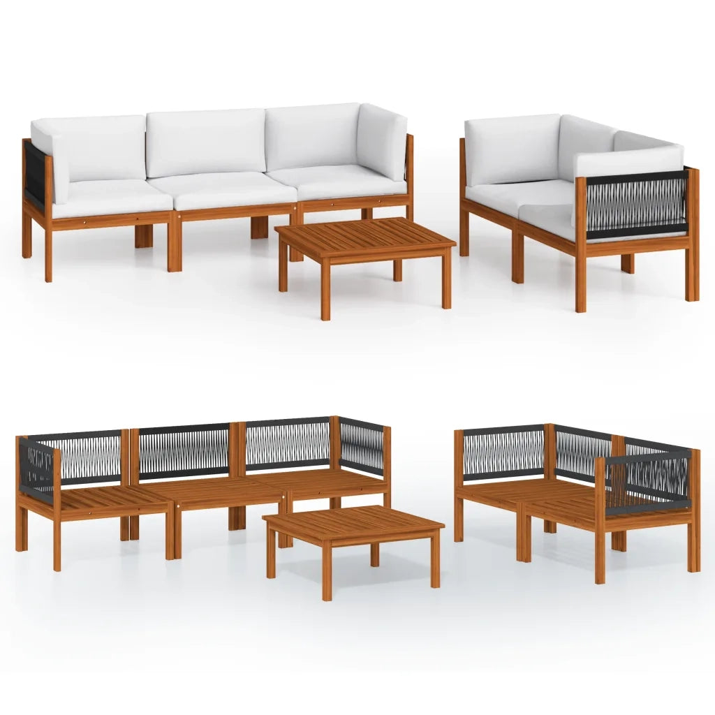 Set da giardino 6 pezzi con cuscini in legno crema, acacia e corda 3057886
