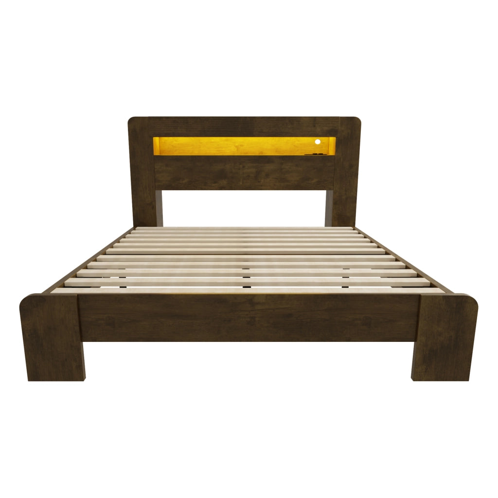 Letto Contenitore 140x200 cm; Letto Matrimoniale con Ripiani in testiera; LED e prese in legno
