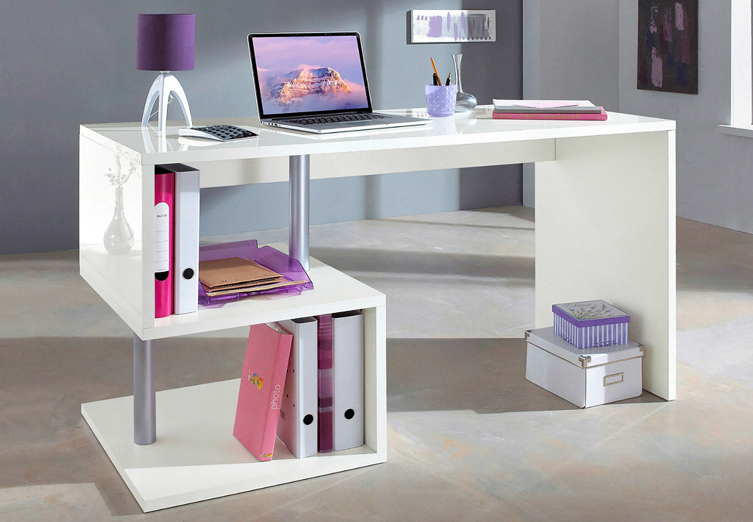 Scrivania con 2 Ripiani 140x60x77,5 cm Esse Bianco Lucido