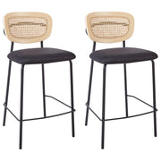 Set di 2 sedie da bar Rivestimento in poliestere nero Schienale in rattan naturale a treccia viennese Gambe in metallo nero Sgabelli senza braccioli