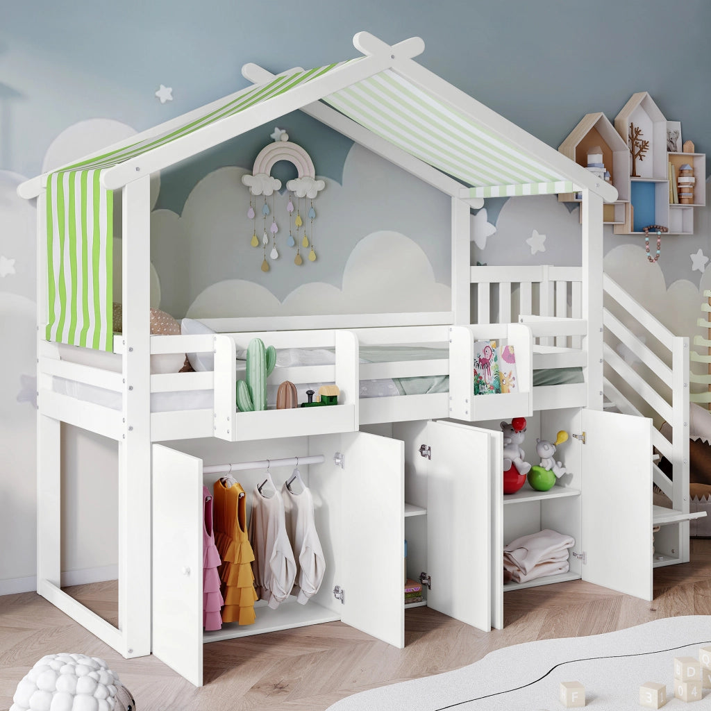 Letto a Castello 90x200 cm con Armadio; 3 Scomparti Scala; Tetto; Bianco Verde