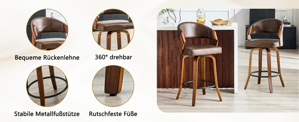 Set da 2 sgabelli da bar con schienale, struttura in legno, rivestimento in PU marrone, altezza 95 cm