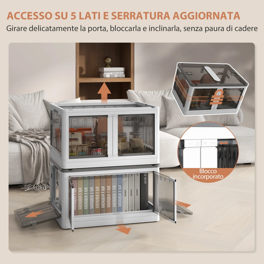 Contenitore in Plastica con Coperchio Impilabile e Pieghevole da 69L, 5 Aperture e Ruote, Bianco