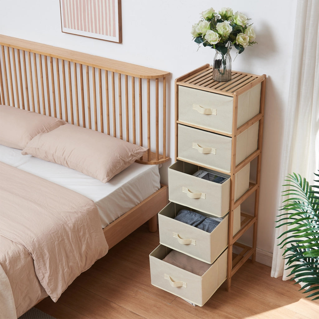 Cassettiera Maldon Comò Organizzatore con 5 Cassetti 122 x 37 x 35 cm - Naturale / Beige [en.casa]