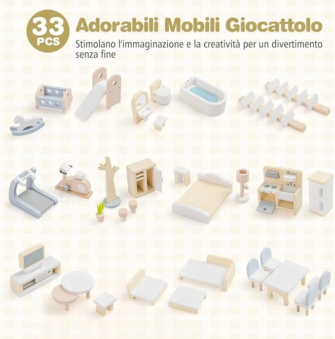 Casa delle Bambole in Legno, Casa Bambole con 4 Piani, 6 Stanze, Terrazza, Piscina e Scale, Casetta Giocattolo Educativo con 33 Mobili Accessori, per Bambini 3+ Anni, 63 x 25 x 78 cm