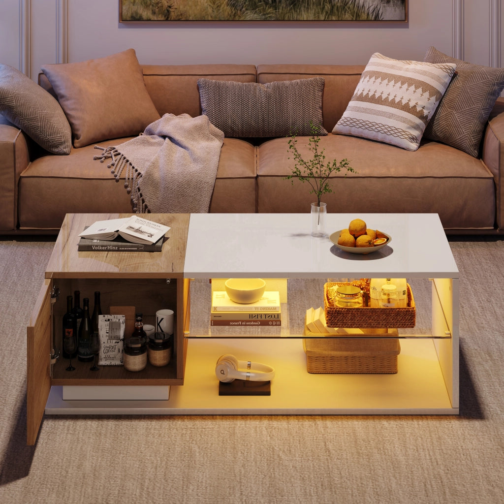 Tavolino basso con LED e vano contenitore, moderno, in truciolare, per soggiorno, bianco rovere, 105 × 50 × 36 cm