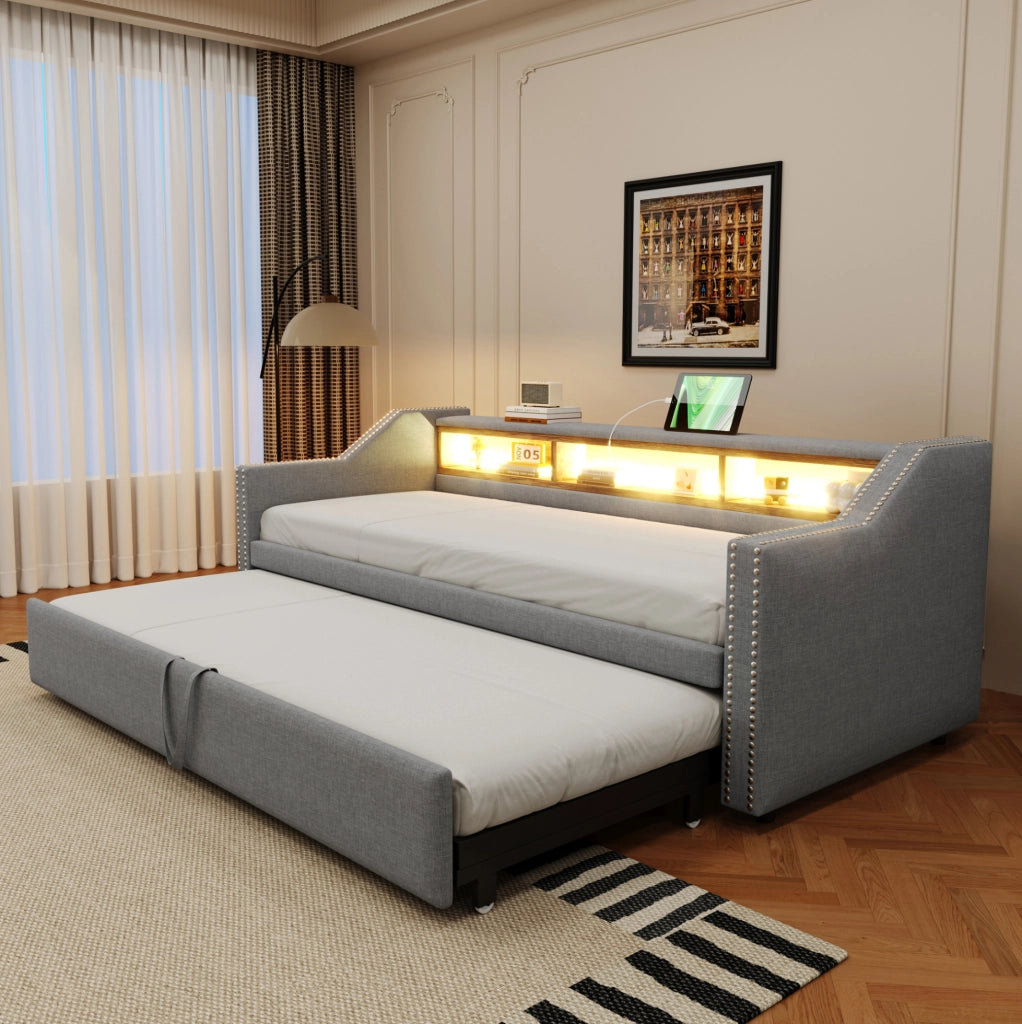 Divano letto estraibile imbottito 90/180 x 190 cm con LED e presa USB; grigio chiaro
