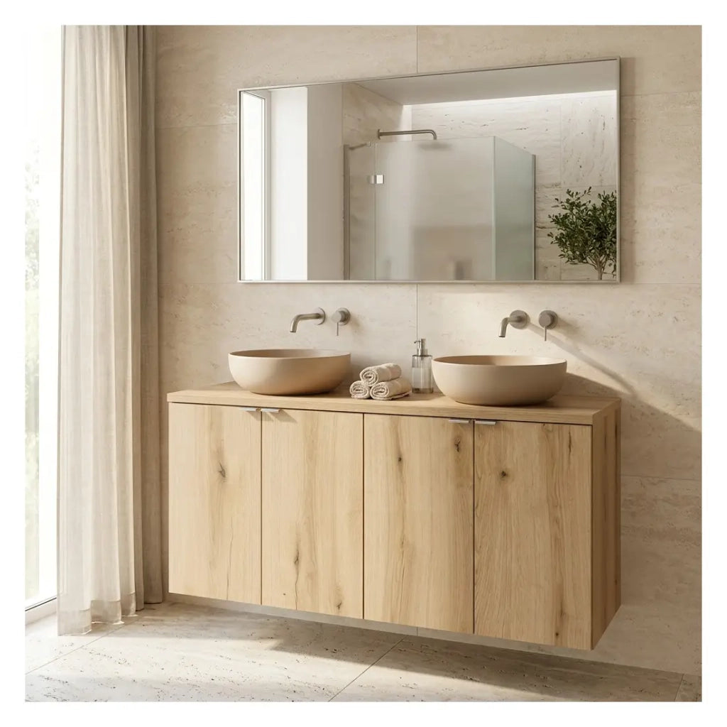 Set da bagno sospeso VANO effetto rovere 100cm: mobili sotto lavabo con armadietti + piano per lavabo