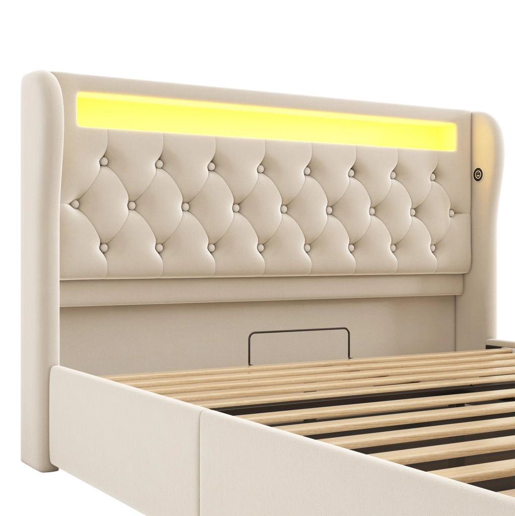 Letto matrimoniale 140x190 cm in velluto beige con LED; contenitore idraulico e ricarica USB Type-C