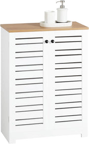 Mobiletto Bagno Salvaspazio con Ante a Persiana, Ripiani Regolabili in MDF, 60x30x82 cm Mobile Bagno Multifunzionale e Compatto BZR41-W
