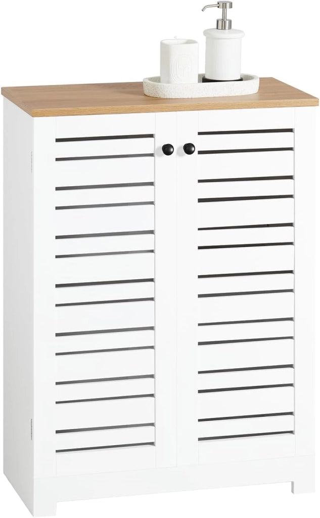 Mobiletto Bagno Salvaspazio con Ante a Persiana, Ripiani Regolabili in MDF, 60x30x82 cm Mobile Bagno Multifunzionale e Compatto BZR41-W