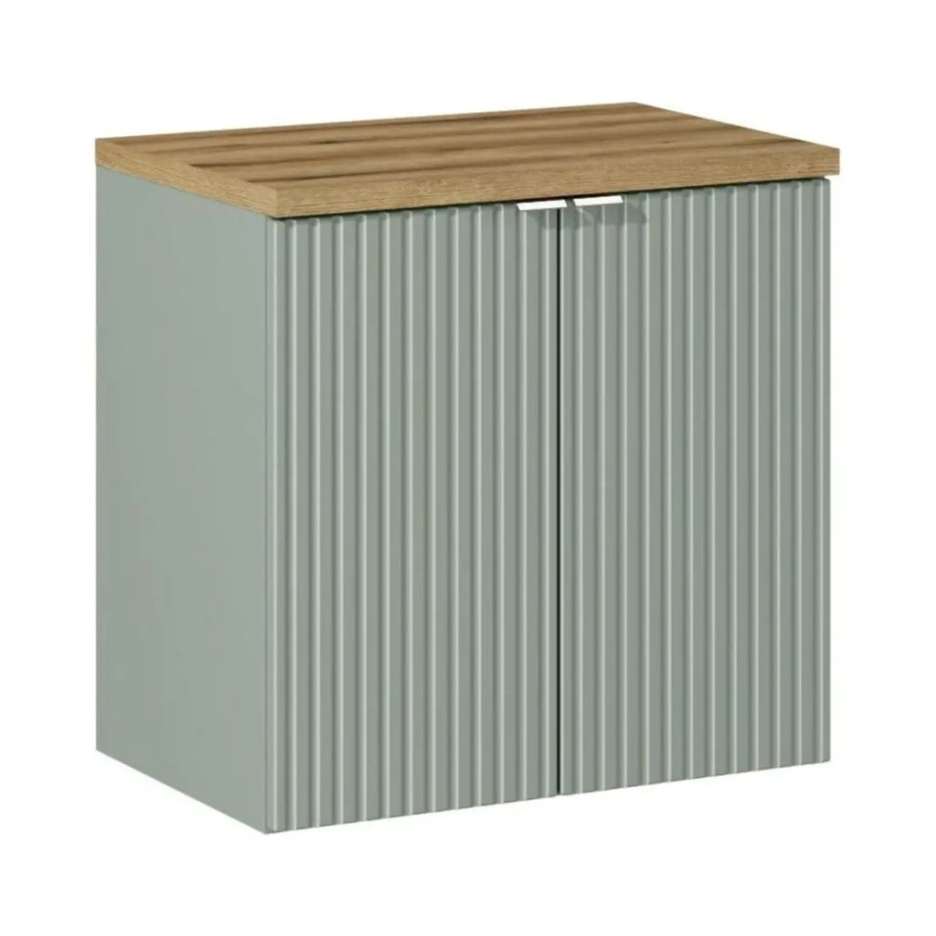 Set da bagno ELVINA 60cm: mobiletto sottolavabo con armadietti verde salvia grigio + piano per lavabo effetto legno scuro