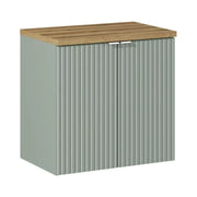 Set da bagno ELVINA 60cm: mobiletto sottolavabo con armadietti verde salvia grigio + piano per lavabo effetto legno scuro