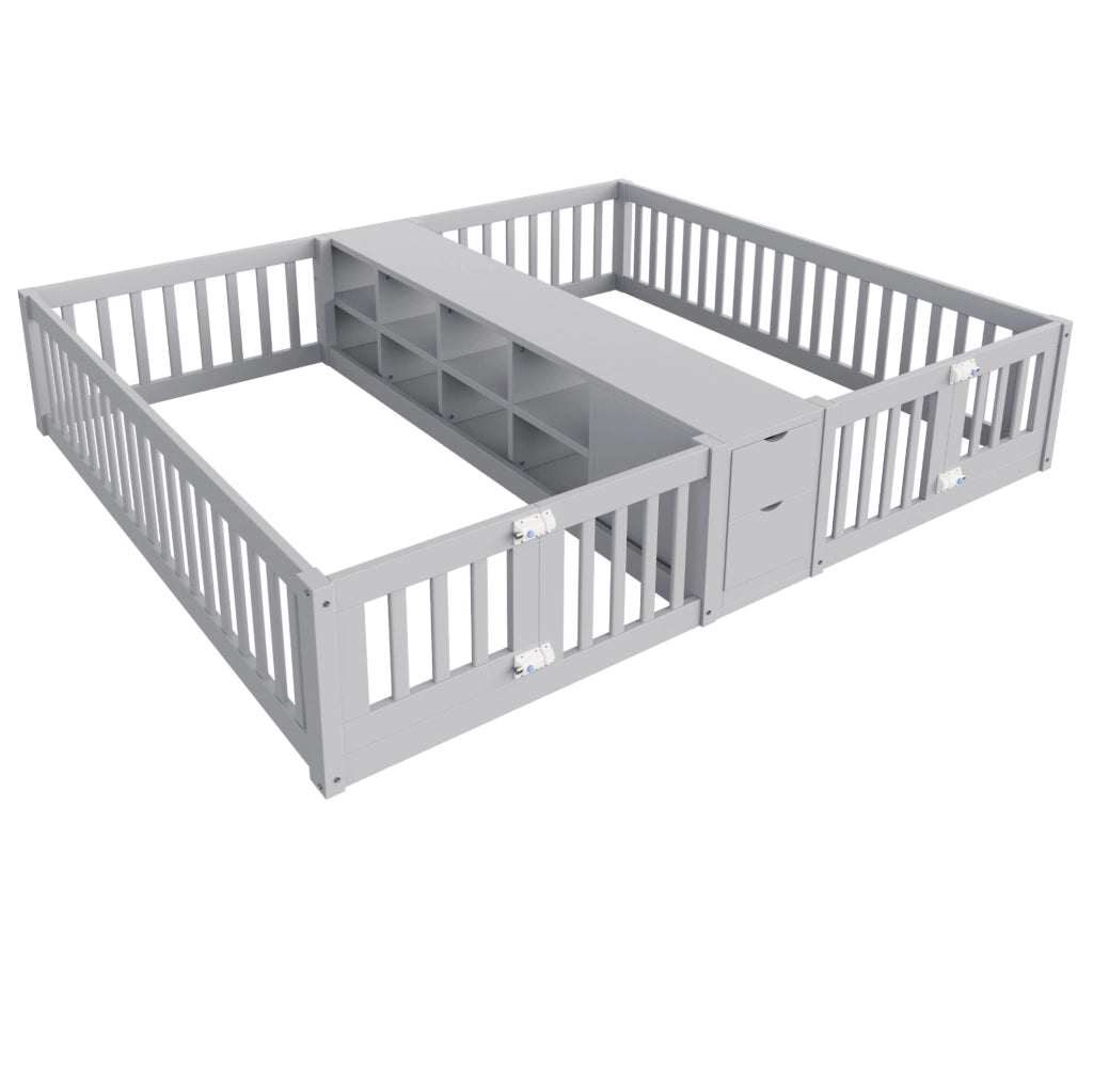 Letto multifunzione per bambini 90x200 cm con 2 posti, cassetti e libreria grigio
