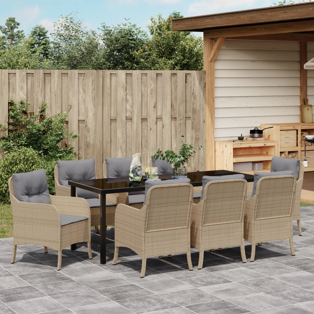 Set di Pranzo da Giardino 9 Pezzi con Cuscini Beige Polyrattan