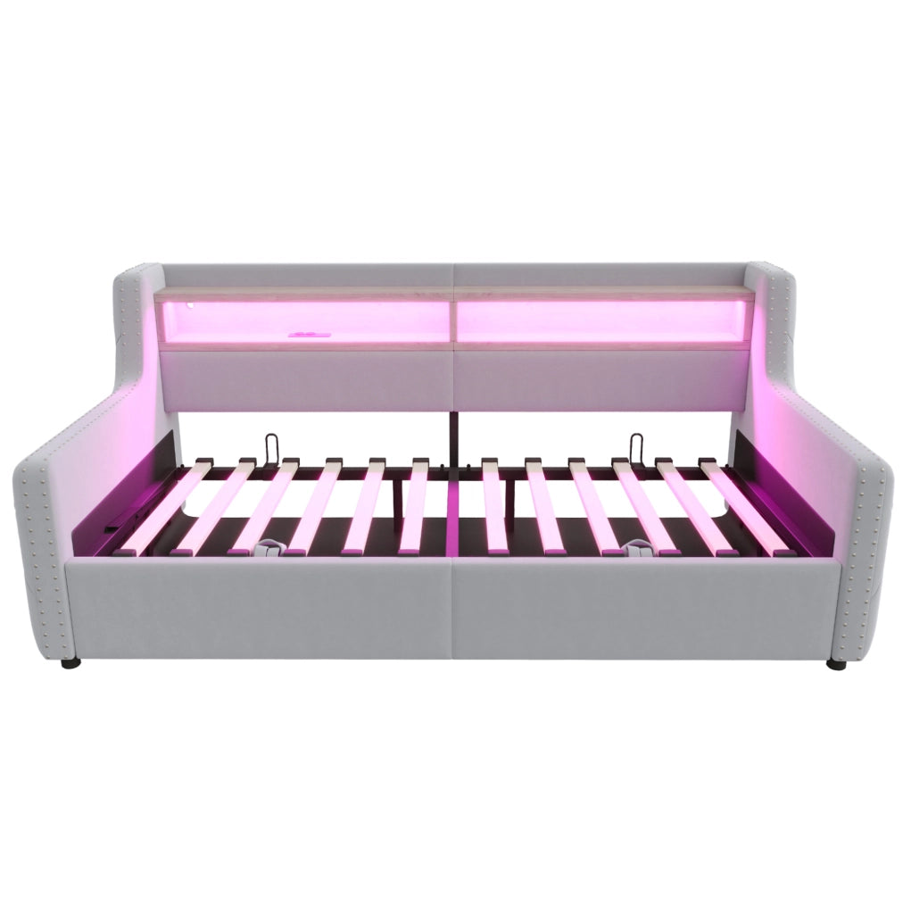 Divano letto imbottito 90x200 cm in velluto grigio chiaro con contenitore; LED e prese