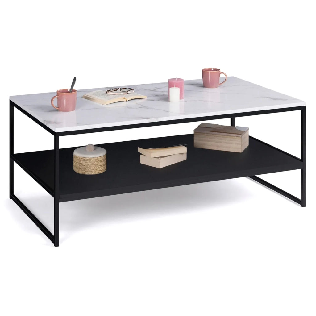 IDMarket - Tavolino con doppio piano, effetto marmo e legno nero, base in metallo ALASKA