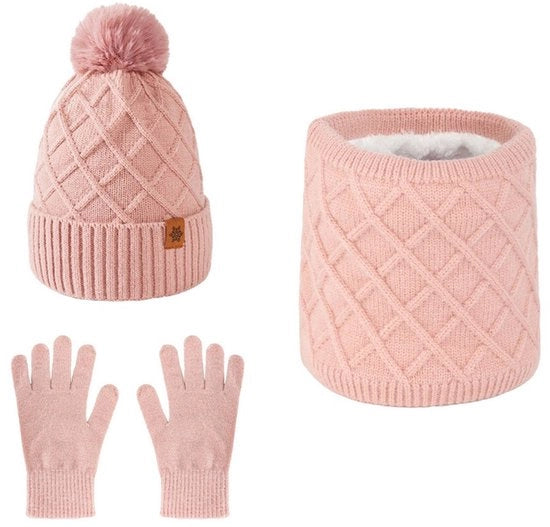 Cappello invernale intrecciato con guanti touch screen e collare per donne, con palline morbide, guanti intrecciati caldi e collare tre-in-uno, Rosa