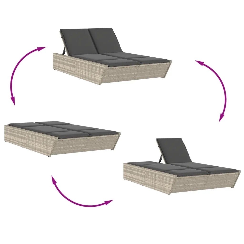 Lettino Prendisole | Sdraio da giardino | Lettino da sole Doppio con Cuscini Grigio Chiaro Polyrattan