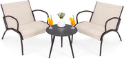 Set Tavolino e Poltrona a 3 Pezzi, Tavolino e Poltrone da Giardino con Seduta Curvata in Tessuto, Set di Mobili Esterno da Bistro, per Giardino Balcone Piscina