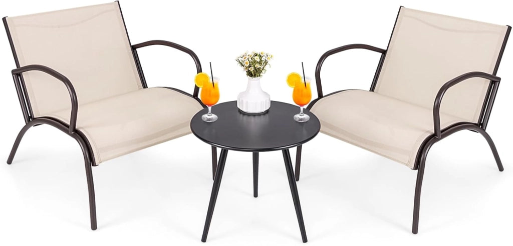 Set Tavolino e Poltrona a 3 Pezzi, Tavolino e Poltrone da Giardino con Seduta Curvata in Tessuto, Set di Mobili Esterno da Bistro, per Giardino Balcone Piscina