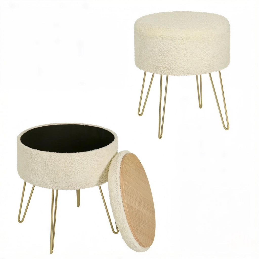 Pouf contenitore rotondo con vano portaoggetti e vassoio multifunzione in teddy fleece MDF e metallo beige 39 × 44 cm