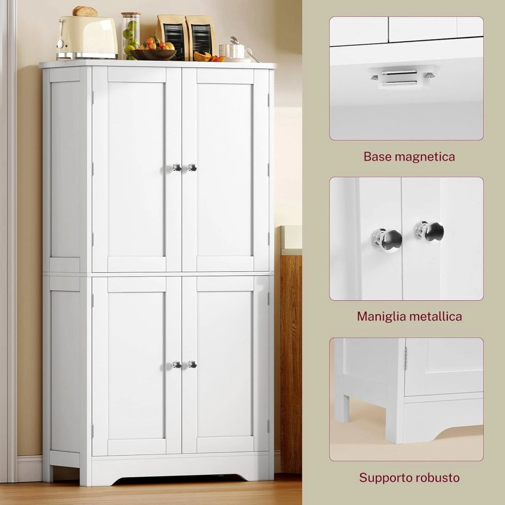 Mobile Dispensa Cucina larghezza 60 cm, Armadio 4 Ante altezza 130 cm con Ripiani Regolabili e Portaspezie Integrata, Credenza Alta per Cucina, Soggiorno, Bianco