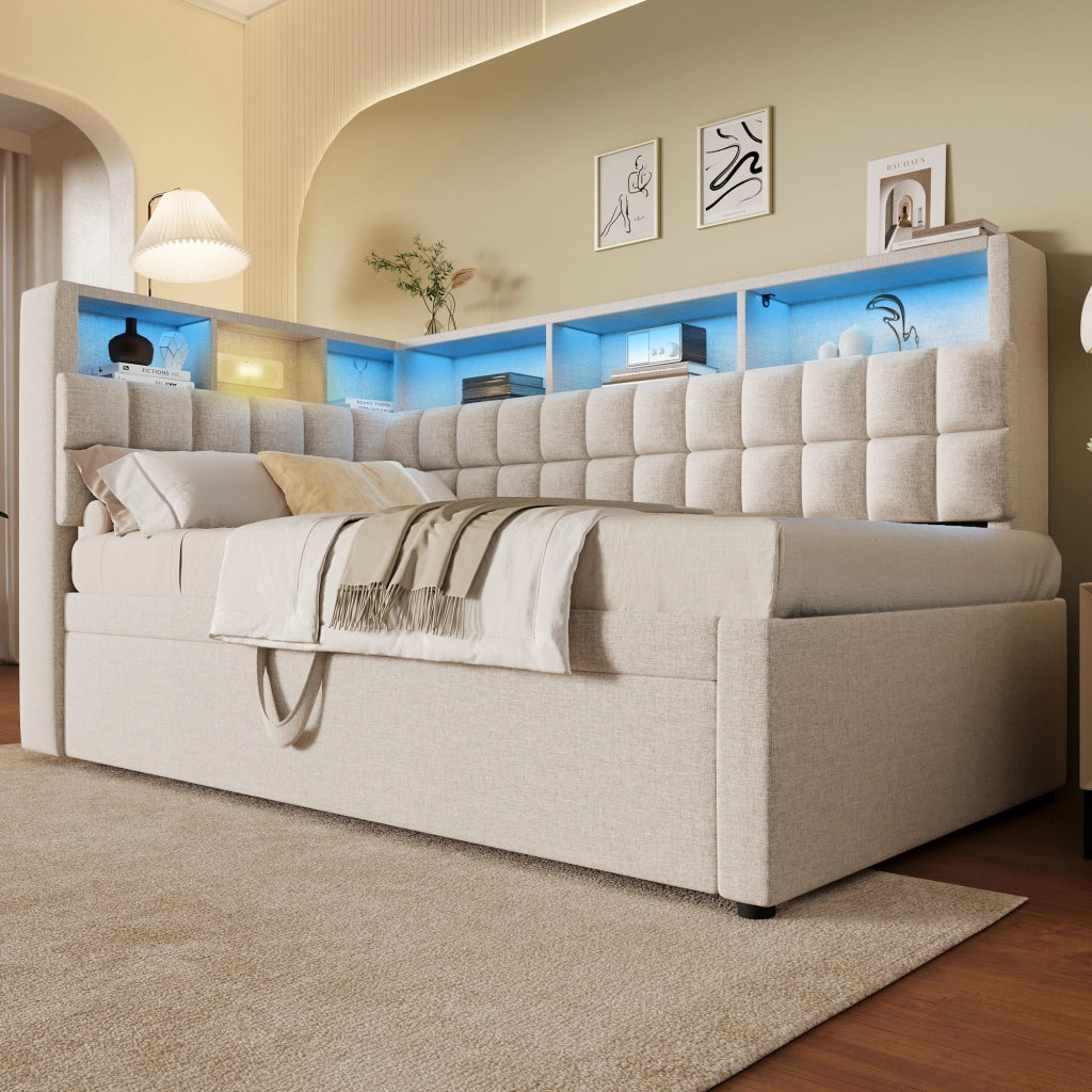DESMIU Letto con contenitore 90 × 200 cm 1 posto con LED, USB, Type-C e altoparlante Bluetooth, senza materasso, beige