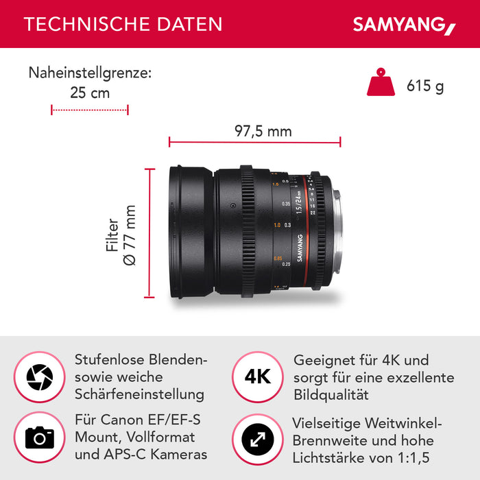 24/1.5 Lens Video DSLR II Canon EF obiettivo video a fuoco manuale 0.8 Gear, grandangolo nero