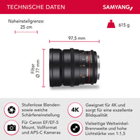 24/1.5 Lens Video DSLR II Canon EF obiettivo video a fuoco manuale 0.8 Gear, grandangolo nero