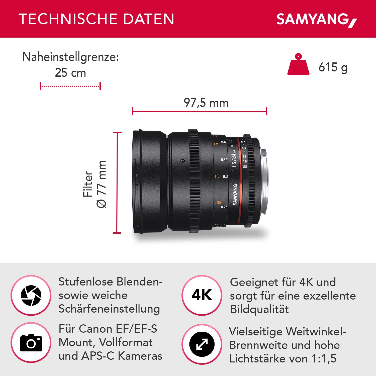 24/1.5 Lens Video DSLR II Canon EF obiettivo video a fuoco manuale 0.8 Gear, grandangolo nero