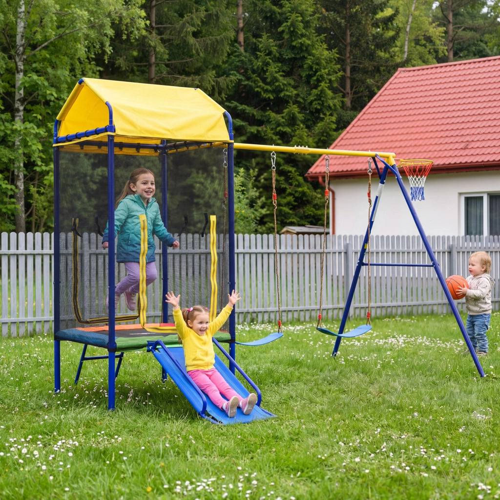 Set gioco da esterno 4 in 1 con trampolino; doppia altalena; scivolo e canestro in ferro