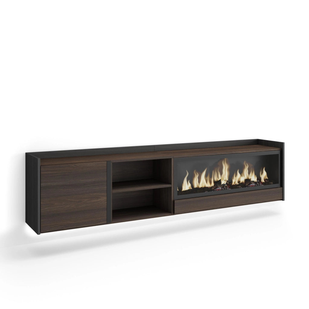 Mobile TV Soggiorno, 212x50x35 cm, Per TV fino a 80", Camino elettrico XXL, Sospeso, da appendere, LED, Rovere scuro e Nero