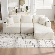 Divano angolare modulare in ciniglia con tasche laterali e seduta ampia, senza montaggio, beige 261 × 165 × 80 cm