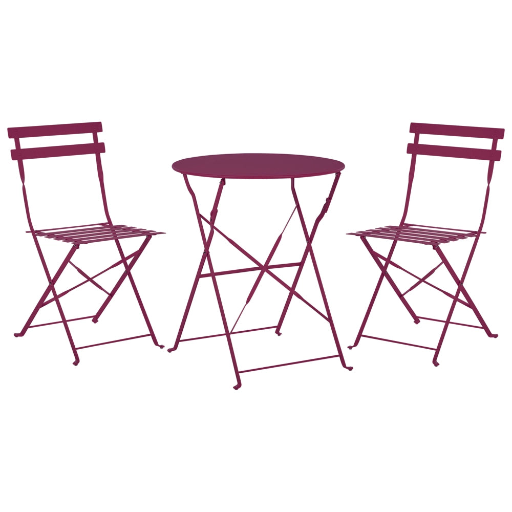 Set da Esterno 3 pezzi Tavolino e 2 Sedile Pieghevoli in Metallo Bordeaux
