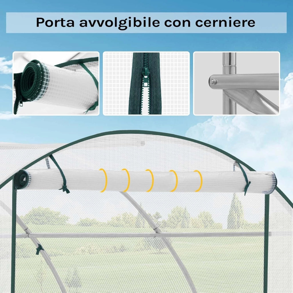 Serra da Giardino a Tunnel, Copertura per Piante da Esterno, in Rete PE e Tubi d’Acciaio Zincato, Porta Avvolgibile con Cerniere e 6 Finestre Laterali, 300x300x200cm, Bianco