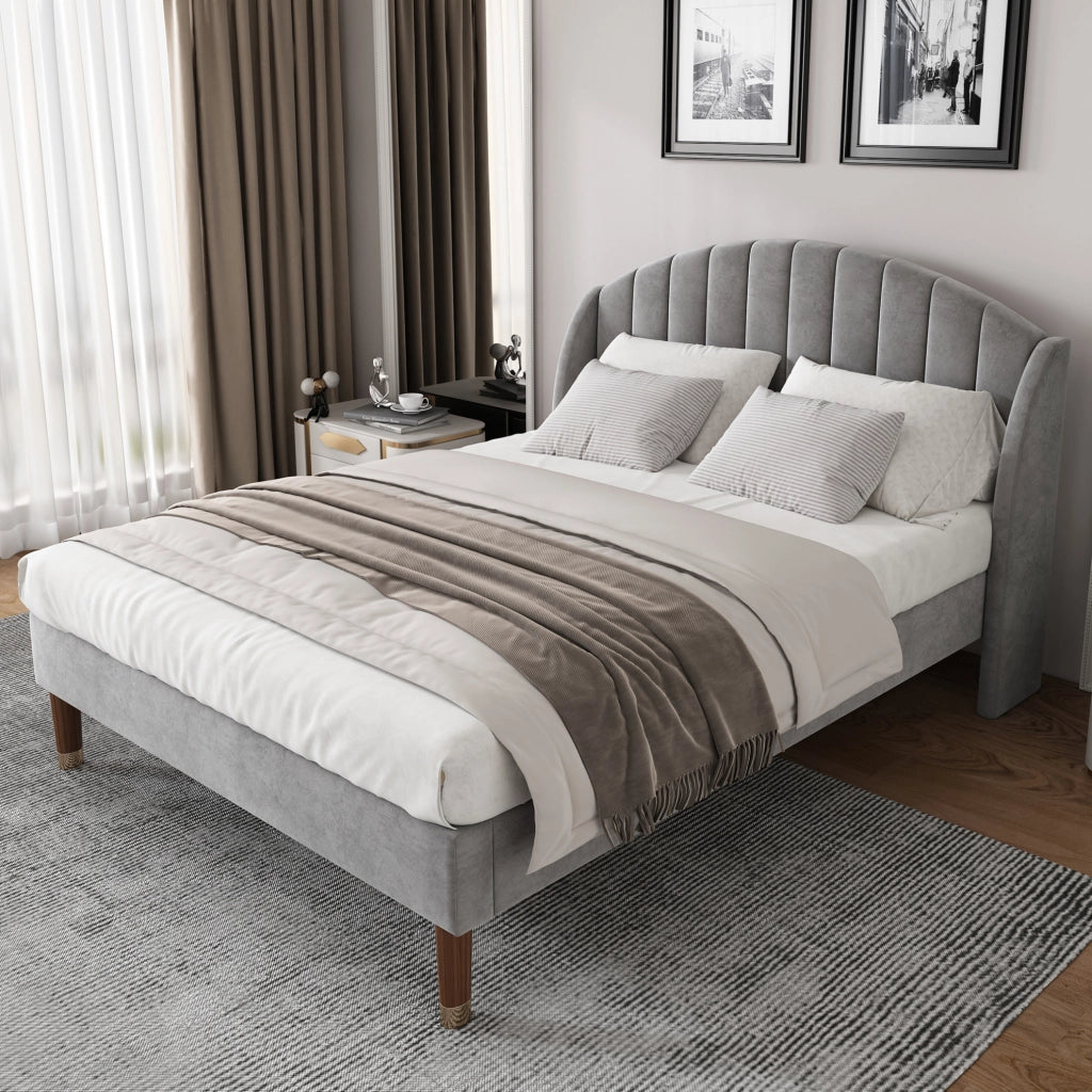 Letto imbottito matrimoniale 160x200 cm in velluto grigio con testiera e rete a doghe