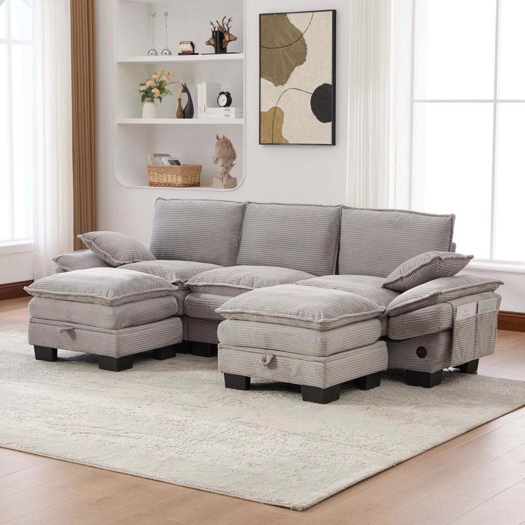 Divano Dritto Modulare a 3 Posti con USB-C, Tasche laterali e Pouf, in Corduroy, Grigio Chiaro