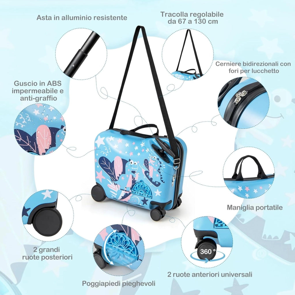 Valigia Cavalcabile per Bambini, 18" Valigia+ 12" Zaino,2 Pezzi, Trolley Bambini Bagaglio a Mano con Ruote Girevoli e Maniglia Retrattile, 2 Cingie Multiuso (Modello 8)